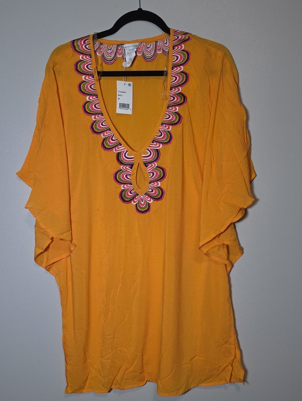 Trina Turk Yellow Embroidered V-Neck Tunic Caftan
